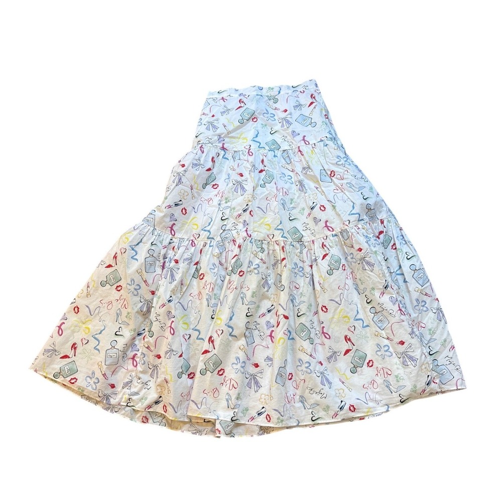Maje Tiered Maxi Skirt Women White Perfume Lipstick Novelty Print SIZE 34/XS